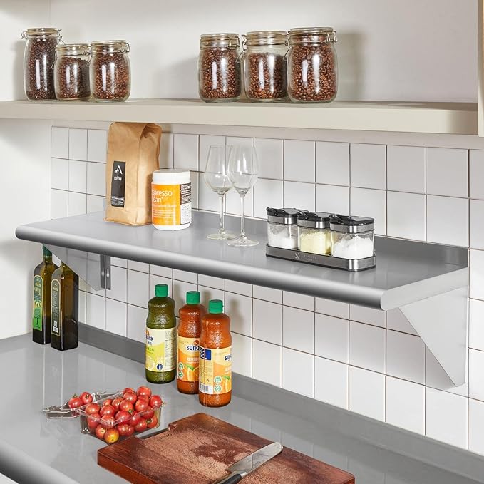 Profeeshaw NSF Stainless Steel Shelf 12” x 60”, 315 lb Commercial Shelves Wall Mounted Metal Shelving with Backsplash and 2 Brackets for Restaurant, Bar, Utility Room, Kitchen and Garage
