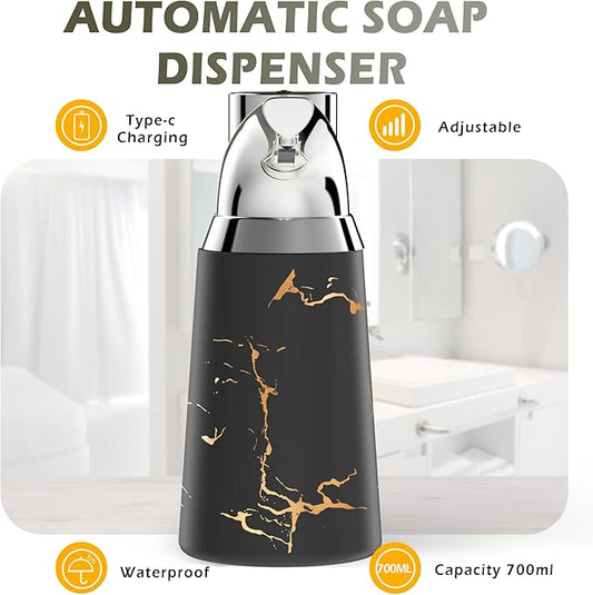 Adjustable Automatic Soap Dispenser Touchless, Ceramic Material,4 Adjustable Levels, Type-c Rechargeable Operated Sensor Liquid Soap Pump,Touch-Free Hand Sanitizer Dispenser (Black Silver)