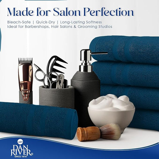 DAN RIVER 100% Cotton Salon Towels Set – 16x26 inches, Pack of 24, Highly Absorbent and Quick-Dry Towels for Hand, Salon, Spa, Beauty, Gyms and Home Hair Care, Navy