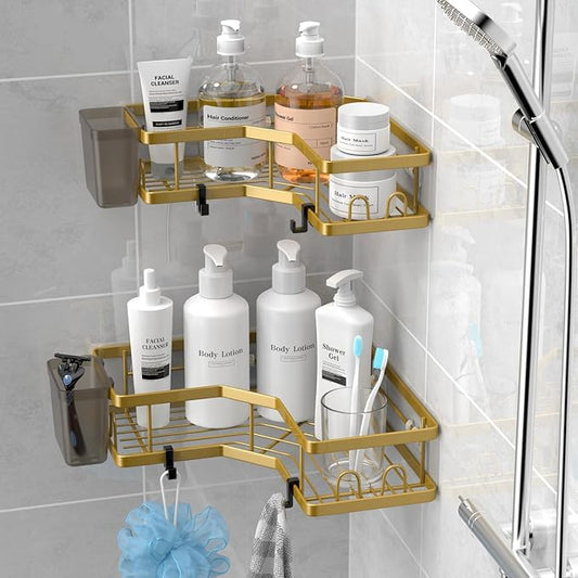 Corner Shower Caddy Organizer Shelf: 2Pack Adhesive Shower Rack, No Drilling Stainless Steel Shower Storage Shelves for Bathroom Kitchen (Gold)