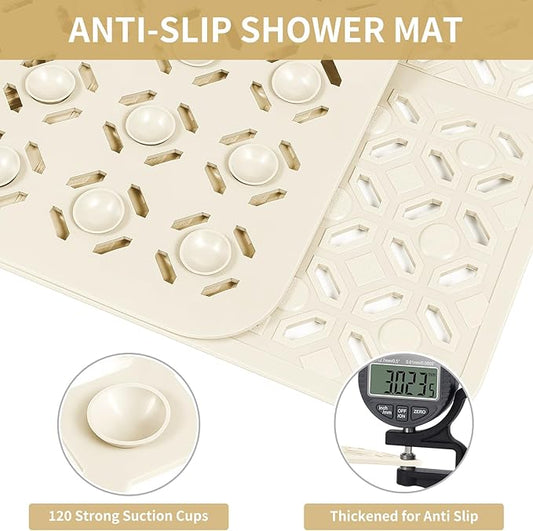 OTHWAY Square Shower Mat, 27"x 27" Extra Large Shower Mats for Inside Shower, TPE Anti Slip Shower mat with Suction Cups Drain Holes, Machine Washable Shower Floor Mat (Beige)