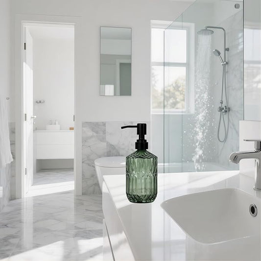 18oz Green Glass Soap Dispenser, Refillable Kitchen, Bathroom Thick Glass Soap Dispenser with Black Rustproof Pump for Dishwashing Liquid, Hand Soap, Lotion, Body Wash (Green-Black Pump)