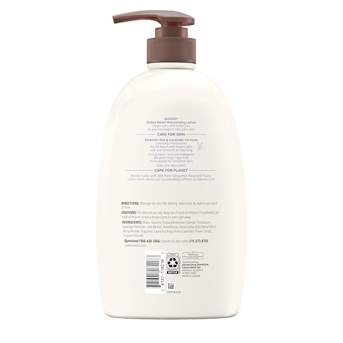 Aveeno Stress Relief Moisturizing Body Lotion 33 Fl Oz, Lavender Scent with Prebiotic Oat, Hydrating 24-Hour Moisturizer Non-Greasy for Dry Sensitive Skin, Paraben & Dye Free, Calming & Relaxing
