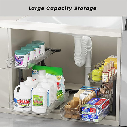2 Pack Under Sink Organizer, 2 Tier Pull Out Storage Organizer, Slide Out Storage Shelf for Bathroom & Kitchen, Under Cabinet Organizer and Storage with 5 Gears Height Adjustable (Black)