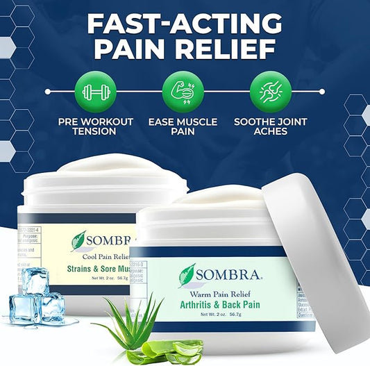Sombra Warm & Cool Pain Relief Gel, Warm Relief for Arthritis and Chronic Pain Pre-Workout Muscle Rub, Cold for Swelling, Soreness, Post-Workout, Free of Artificial Fragrances, 2oz Per Jar