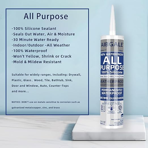 12 Packs Gray Silicone Sealant, 100% Waterproof Silicone Caulk, Adhesive Caulking Silicone for Indoor Outdoor Windows, Aquarium, Bathtub, 10.1 oz (12)
