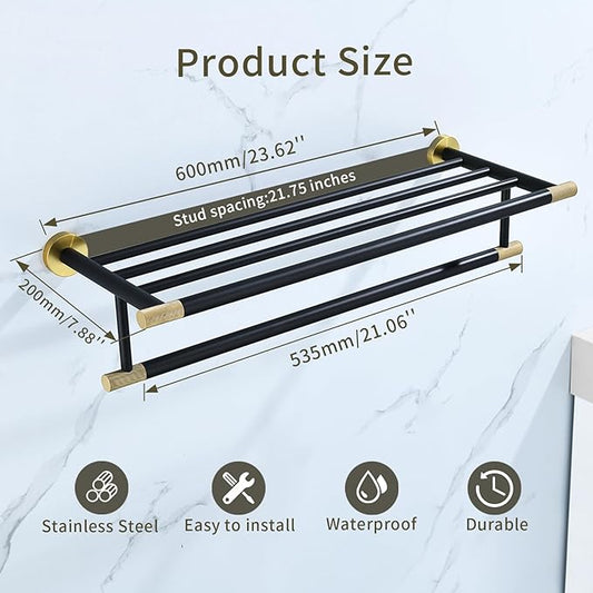 Black Brushed Gold Towel Rack 24'' Bath Towel Shelf with Towel Bars SUS304 Matte Black Stainless Steel Wall Mounted,Modern Bathroom Storage Shelf