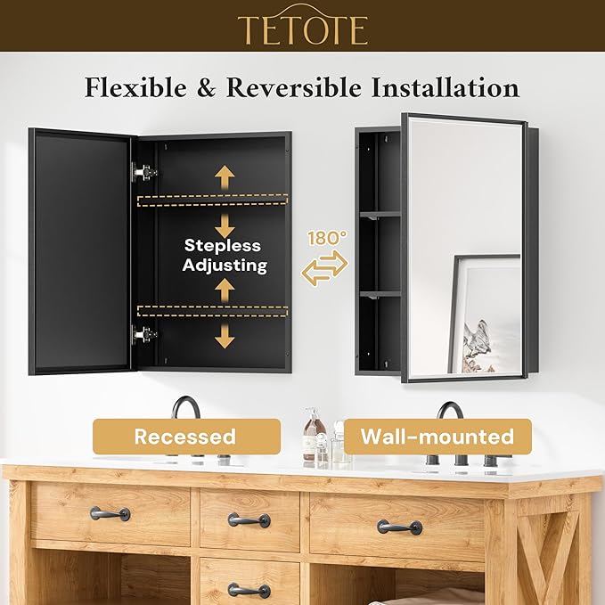 TETOTE 48" x 30" Medicine Cabinet Black Bathroom Mirror with Storage Beveled Aluminum Frame Stepless Adjustable Shelves, Wall-Mounted or Recessed