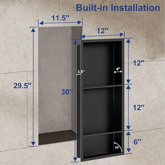 Shower Niche,12 * 30 Stainless Steel Elegant Bathroom Niche, No Tile Needed Recessed Shower Shelf Organizer for Storage,Black