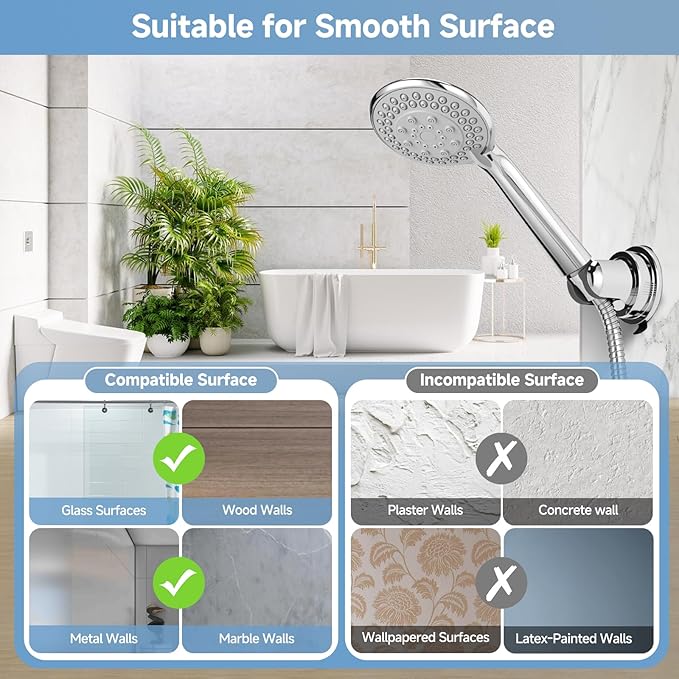 Suction Shower Head Holder,Removable Wall-Mount Handheld Shower Holder, No-Drill Adjustable Chrome Suction Cup 5-Angle Tilt & 360° Swivel