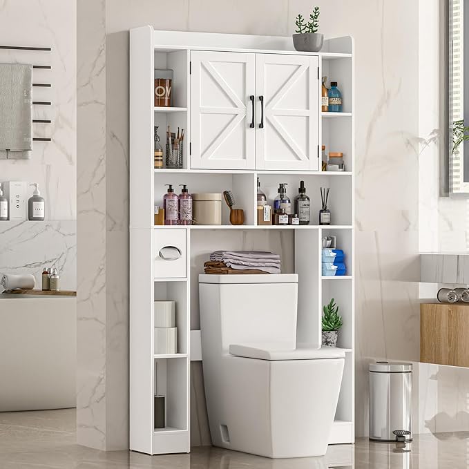 Farmhouse Storage Cabinet Over Toilet with Barn Doors,Over The Toilet Storage Cabinet, Home Space-Saving Toilet Rack, for Bathroom, Restroom, Laundry.