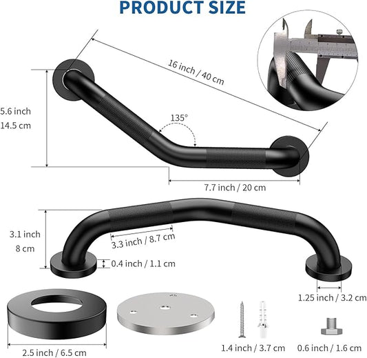 16 Inch Angled Shower Grab Bar Black, Munzong 2 Pack Anti Slip Bathroom Grab Bar, Knurled Bathroom Balance Bar,Safety Hand Rail Support Handicap Elderly Injury Senior Assist Bath Handle-1.25” Tube