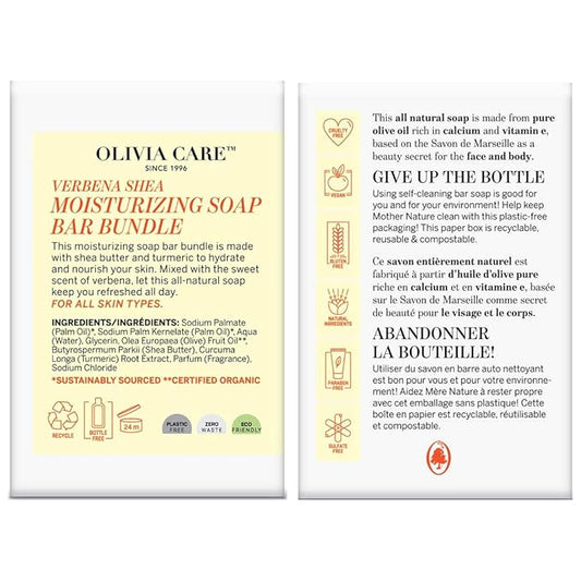 Olivia Care Moisturizing Bar Soap Pack by 100% Natural & Organic Infused with Verbena, Shea Butter & Turmeric Deep Clean, Refreshing, Moisturizing & Hydrating Verbena Shea (Pack of 3)