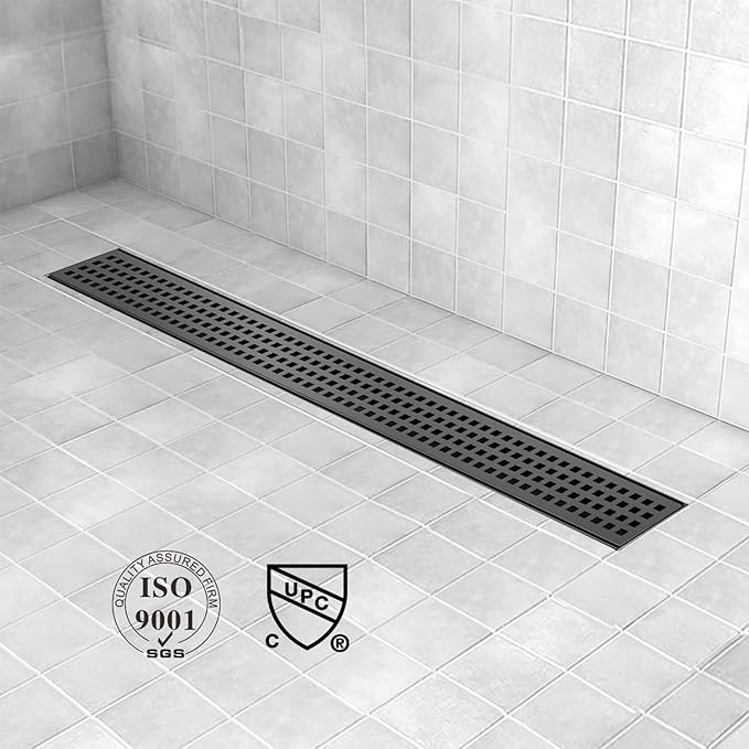 Offset Linear Shower Drain, Matte Black Shower Drain 60 inch with Removable Grate Cover, Brushed 304 Stainless Steel Side Outlet Black Shower Floor Drain with Hair Catcher and Leveling Feet