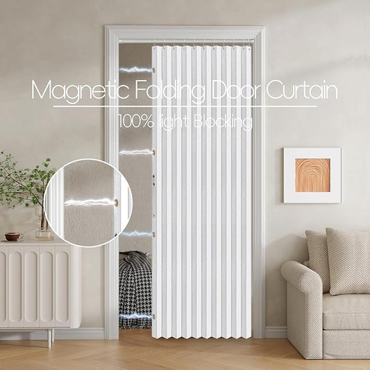 100% Blackout Fabric Folding Door Curtain with Magnetic Closure - Accordion Style for Sliding Doors, Closets,Wardrobe and Temporary Door Solutions Doorway Curtains(W42 x L78, White,1 Panel)
