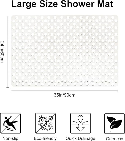 Non Slip Shower Mat with Suction Cups, 23.6x35.4 Inch Quick Drain TPE Anti Slip Shower Mats for Inside Shower, Large Bath Mat for Shower Soft on Feet, Easy to Dry&Cut Machine Washable