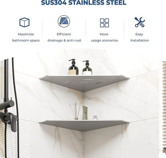 FerdY 2-Pack 10" Brushed Nickel Recessed Corner Shower Shelf, for Tiled Bathroom Walls, Floating Shelf, 304 Stainless Steel Shower Caddy Storage Shelves, No Drilling Required, Rugby Diamond