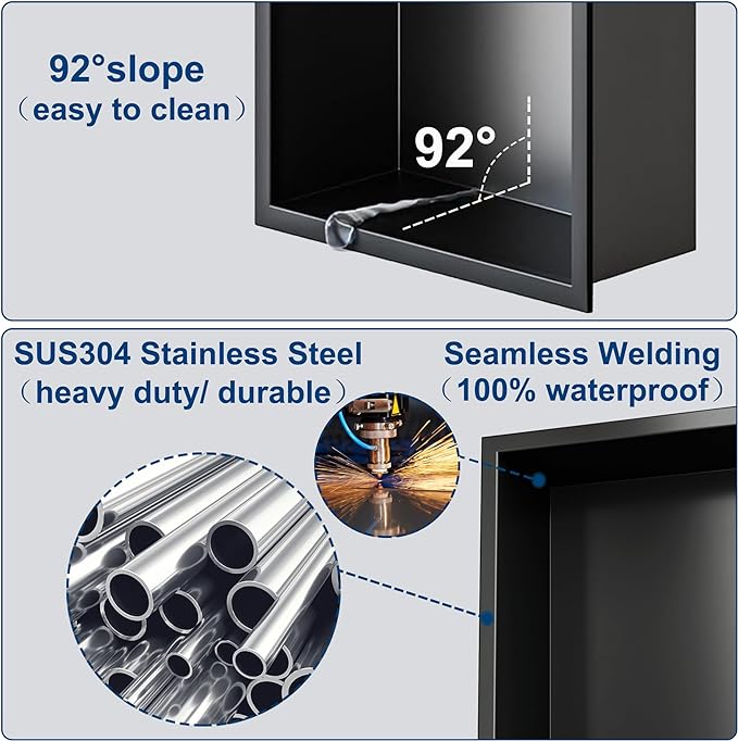 Neodrain 12X36 Inch Shower Niche, Gun Metal 3-Tier Stainless Wall Niche NO Tile Needed Recessed for Bathroom Storage Insert Shower Wall Cabinet Waterproof
