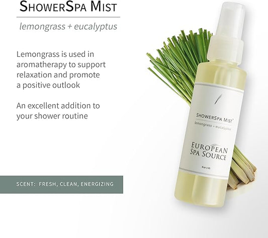 European Spa Source Energizing Lemongrass + Eucalyptus ShowerSpa Mist Spray for Aromatherapy, at Home Spa Experience, Sinus Congestion Relief, and Tension Relief, 4 fl oz.