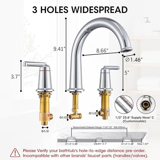 High Flow Roman Tub Faucet with Valve, Widespread Solid Brass 3 Hole Bathtub Faucet, 2 Handle Deck Mount Bath Tub Filler with Supply Water Hoses, Polished Chrome