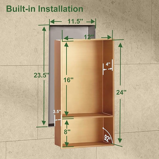Shower Niche,12 * 24 Stainless Steel Elegant Bathroom Niche, No Tile Needed Recessed Shower Shelf Organizer for Storage,Gold