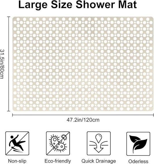 Anti Slip Shower Mat with Suction Cups,31.5x47.2 Inch Quick Drain TPE Non Slip Shower Mats for Inside Shower,Large Bath Mat for Shower Soft on Feet, Easy to Dry&Cut Machine Washable