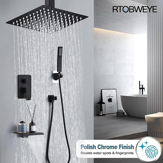 12 Inch Shower Faucet Set, Ceiling Mounted Rainfall Shower System with High Pressure Handheld Shower Head, Bathroom Mixer Shower Set Rough-in Valve and Trim Kit, Matte Black, with Tub Spout