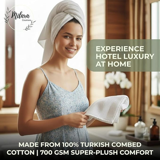 Milara Turkish Bath Towels Set of 6| 2 Bath Towels, 2 Hand Towels & 2 Wash Cloths with Elegant White Color | 700 GSM Premium Quality Cotton Ultra-Soft & Absorbent