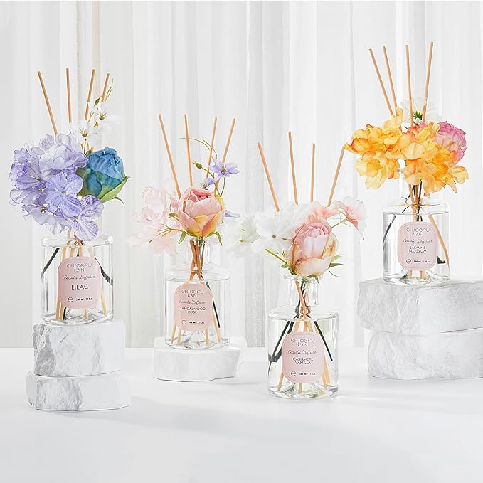 Chloefu Lan Premium Reéd Diffuser Set with Pink & Purple Flowers Reéd Diffuser Sticks Sandalwood Rose | 6.7oz Scent Fragrance Oil Diffuser for Bedroom Bathroom Home Shelf Décor