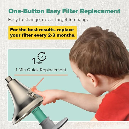 High Pressure Filtered Shower Head, One-Button Filter Replacement, Removes Chlorine & Impurities, Say Goodbye to Dry Skin & Frizzy Hair, 1-Minute Installation, Brushed Nickel