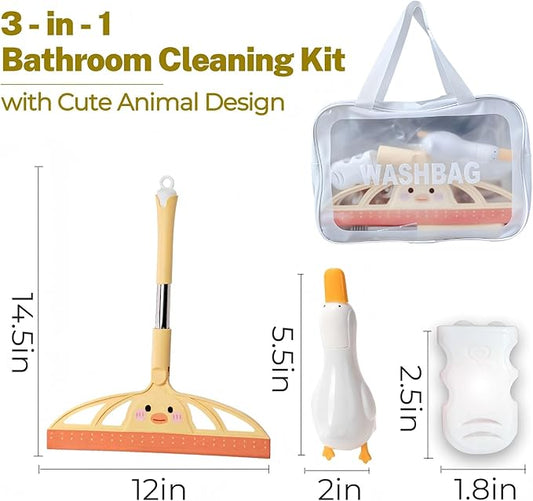 3-in-1 Bath&Kitchen Cleaning Set,Waterproof Bag, Multi-Purpose Glass Squeegee,Hair Catcher,Suction Cup Shower Head Holder for Deep Cleaning Kitchen, Bathroom, Glass, Grout, Sink, Corner, Tight Spaces