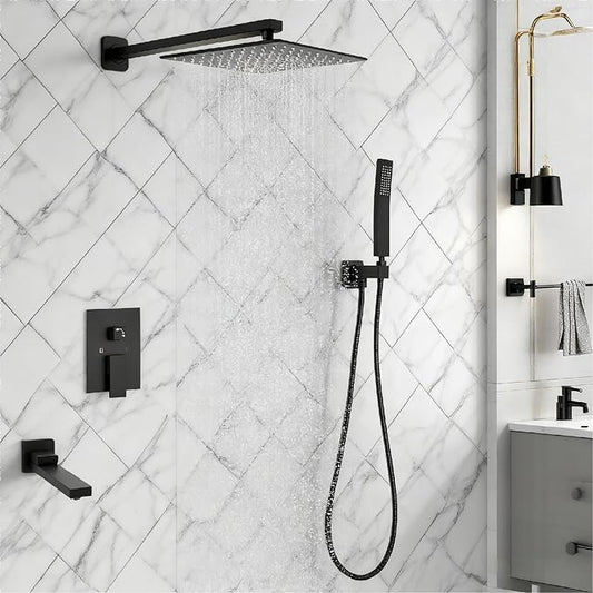 12 inch Square Shower Head and Handheld Set, Gasecoet Shower System with Tub Spout Wall Mounted Shower Faucet for Bathroom - Matte Black (With Shower Valve)