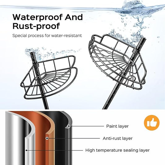 HAMITOR Corner Shower Caddy Tension Pole: 4-Tier Rust-Resistant Adjustable Bathroom Organizer Shelves - 47-121 Inch No-Drill Quick Installation - Space-Saving Storage for Renters Families - Black