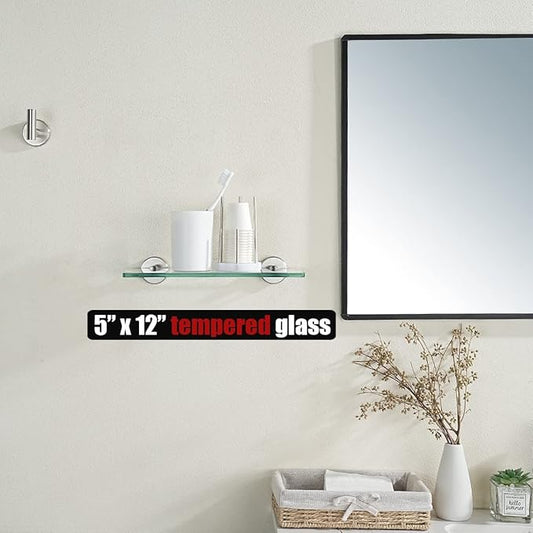 JQK Bathroom Glass Shelf Brushed, Tempered Glass Shower Storage 12 by 5 inches, 304 Stainless Steel Brushed Steel Wall Mount 2 Pack, TGS101L12-BN-P2