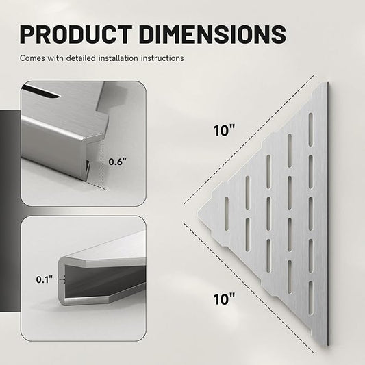 Corner Shower Shelves 10" Brushed Nickel, 2 Pack 304 Stainless Steel Shower Corner Shelf Recessed Slot Design, Wall Mount Triangle Shower Caddy for Bathroom, Kitchen Organization