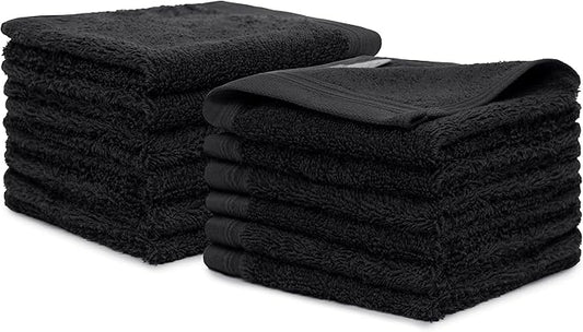 100% Cotton Washcloths Set 13” x 13” | Black Towels | Set of 12 Ultra Soft and Highly Absorbent Washcloths Sets for Bathroom, Gym, Spa | Machine Washable Face Towel