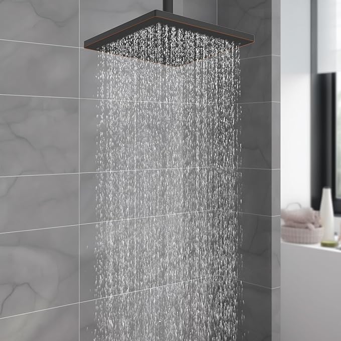 Hibbent Thickness Metal Rain Shower Head, 12 Inch High Pressure Shower Heads, Large Bathroom Rainfall Shower Head with Adjustable Brass Ball Joint, Waterfall Full Body Coverage, Oil Rubbed Bronze