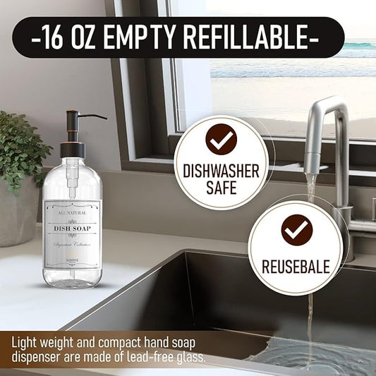 2 Pack Clear Glass Soap Dispenser 16 OZ with Oil Rubbed Bronze Stainless Steel Pump, Hand and Dish Soap Dispenser Set for Bathroom and Kitchen Sink with 6 Waterproof Labels
