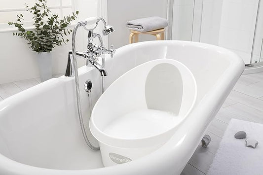 Toddler Bath Tub | Larger Bath for Bigger Kids at Bathtime | Includes Warm and Soft Foam backrest | Grippy Anti-Slip Surface | Includes Easy Drain Bath Plug | White & Grey