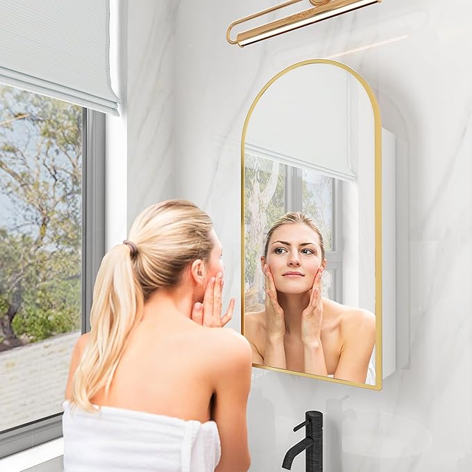 FKWin Gold Medicine Cabinet Mirror, Surface Mount Bathroom Storage Cabinet with Mirror for Left or Right Opening, not Recessed, Modern Vanity Bathroom Mirror with Storage, Gold, 20x30 inch