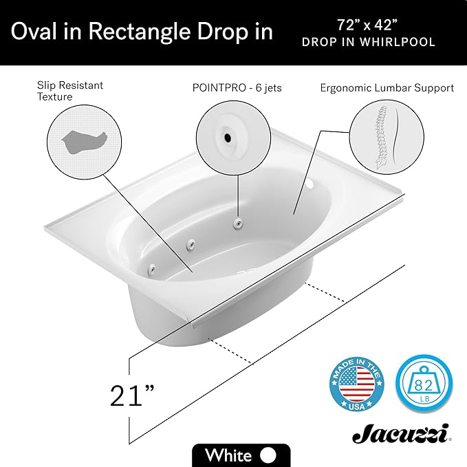 Jacuzzi SIGNATURE Acrylic Drop-In Bathtub, Jet Massage Tub, Slip Resistant, Right Drain Placement, 72" (L) x 42" (W), Oval In Rectangle, White