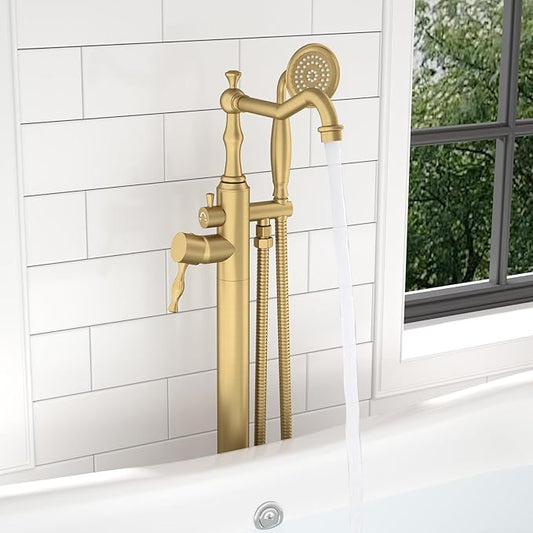 Hoimpro Free Standing Tub Faucet Freestanding Tub Filler Bathtub Faucet Stand Alone Floor Mounted Bathtub Faucet Set Handheld Sprayer Brass Brushed Gold