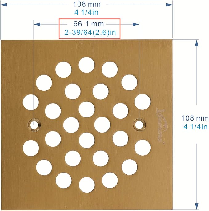 Square 4-1/4(4.25) inch (108mm*108mm) Screw-in Shower Floor Drain Grate Strainer (Brushed Gold)