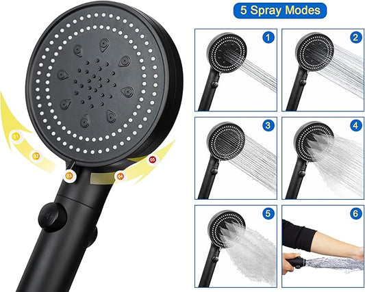 High Pressure Handheld Shower 5-Settings、Leakproof Extra Long 78 Inch Stainless Steel Hose、Adhesive Shower Head Holder(Height/Angle Adjustable)、Matte black(Classic)、ON/OFF Pause Switch