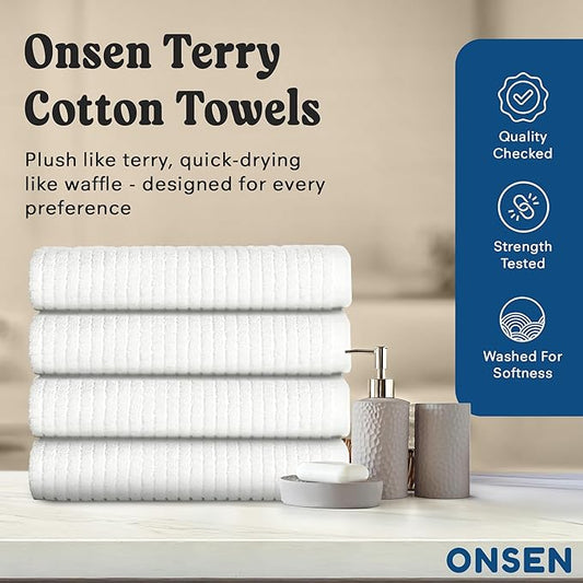 ONSEN Terry Cotton Waffle Face Towel Set – 4 Pack Luxury Cotton Face Towels, Quick Dry & Absorbent Washcloths – Soft, Lightweight, Durable Bathroom Towels for Everyday Use (White, 12x12 in)