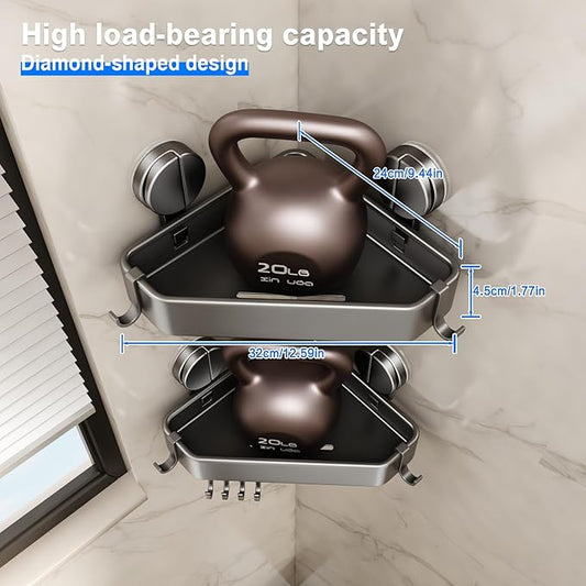 Suction Cup Shower Caddy Corner, 1 Pack Suction Corner Shower Shelves No Drilling, Rustproof Shower Organizer Suction Cup with Towel Holder & Hooks Removable Bathroom Storage Rack(Gray)