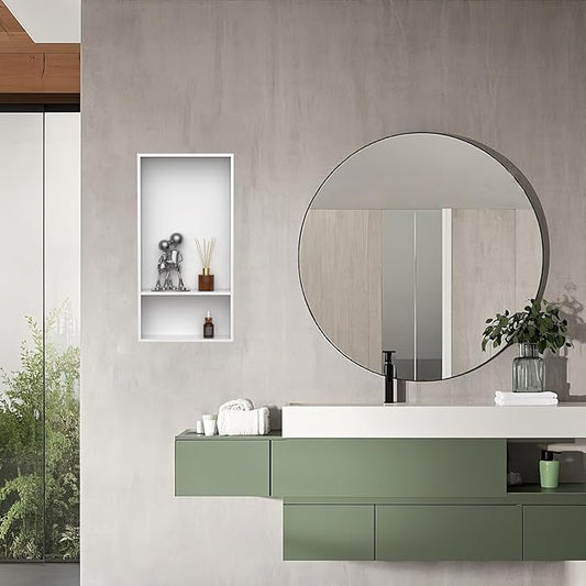 Homevacious 13" X 25" Stainless Steel Shower Niche No Tile Needed Double Shelves White Bathroom Shelf Rimless Recessed Wall Niche for Bathroom Storage