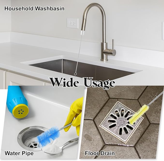 HARFINGTON 3pcs Flexible Long Drain Brush Straw Cleaner Set 35.43" Stainless Steel Double Ended Hose Brush with 8" Nylon Long Tube Pipe Cleaning for Fish Tank Sink Pipe, White