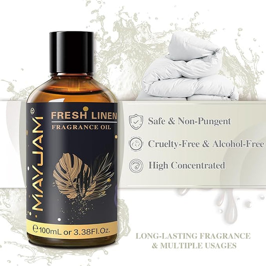 MAYJAM 100ML/3.38FL.OZ Fresh Linen Fragrance Oils with Glass Dropper, Essential Oils for Diffusers for Home, Long Lasting Scented Oils for Diffusers Soap Candle Making