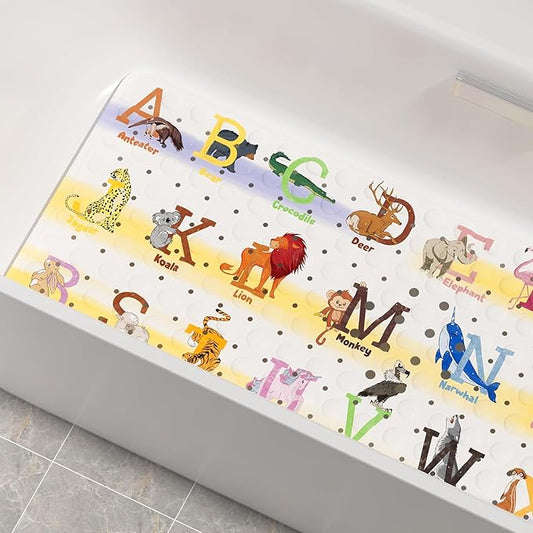 AmazerBath Baby Bath Mat Non Slip, Cartoon Kids Bath Mat for Tub 40 x 16 Inches Full Size Shower Stall Mats - Alphabets & Animals